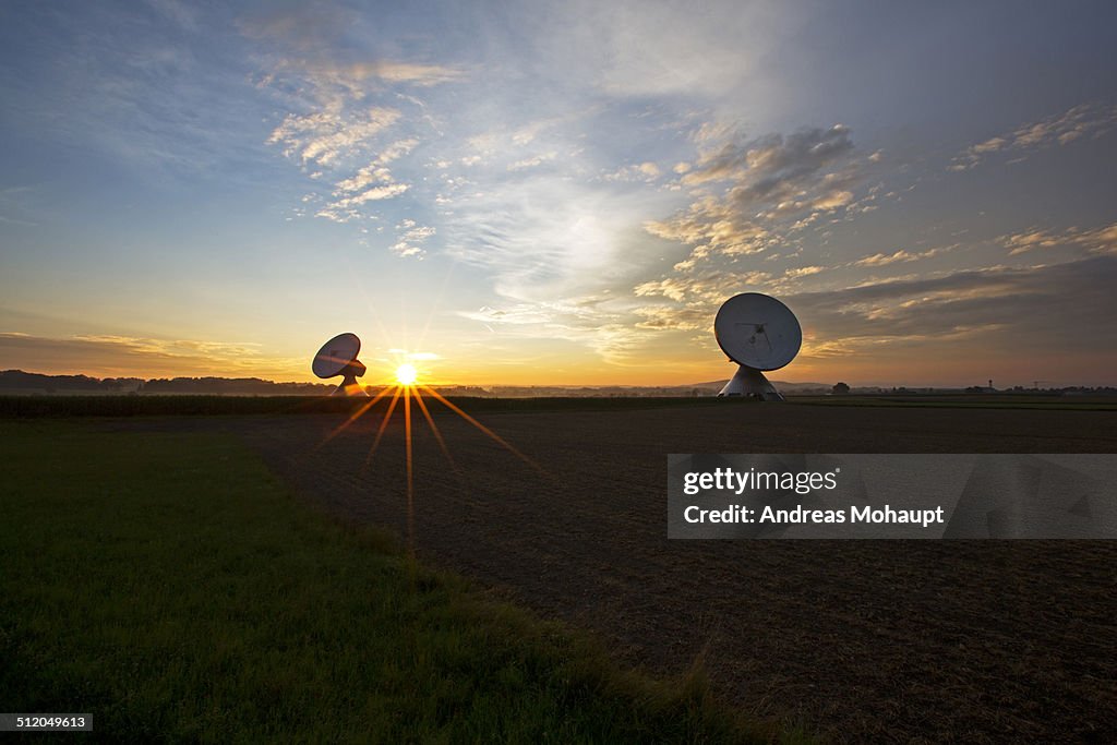 Radio telescopes at sunset