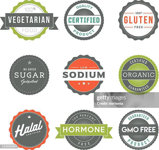 assorted vintage food information labels icon set - halal stock illustrations