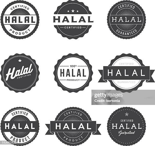 vintage halal food labels icon set - halal stock illustrations