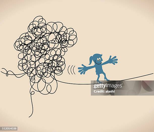 businesswoman walk on thin rope, escape from tangled messy line - tightrope stock illustrations