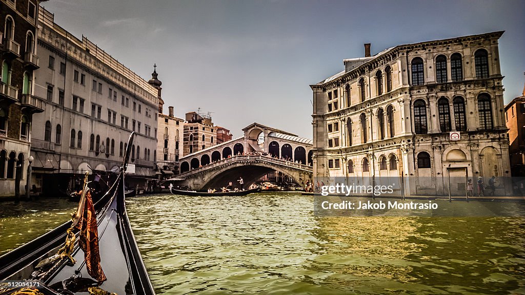 The Rialto bridge in Venice seen from a Gondola