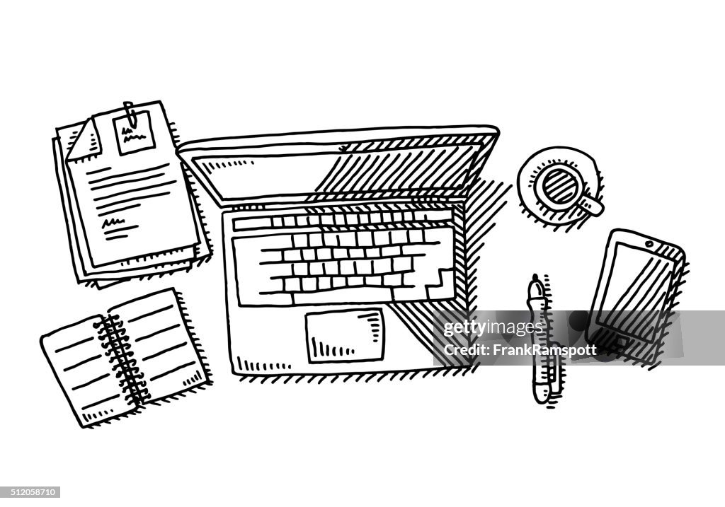 Laptop Overhead Desk Workplace Drawing