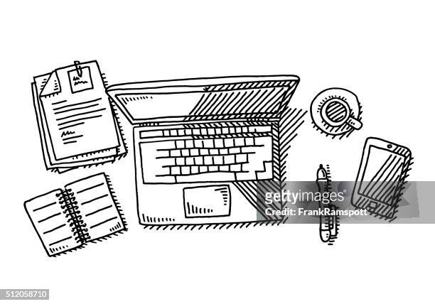 laptop overhead desk workplace drawing - office phone stock illustrations