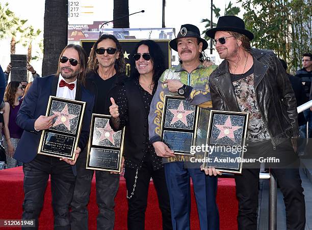 Musicians Fher Olvera, Alex Gonzalez, Sergio Vallin, Carlos Santana and Juan Calleros attend the ceremony honoring the band Mana with a Star on the...