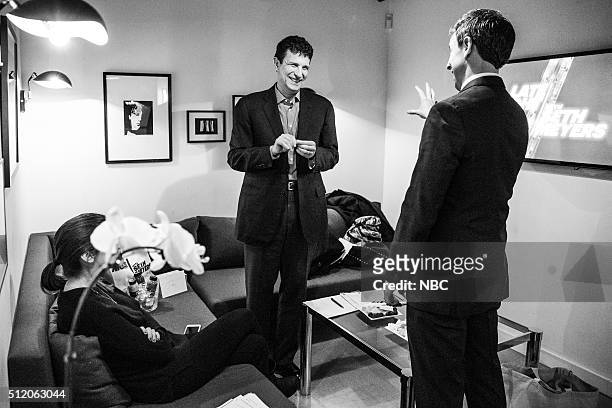 Episode 332 -- Pictured: Editor of The New Yorker, David Remnick, talks with host Seth Meyers backstage on February 23, 2016 --