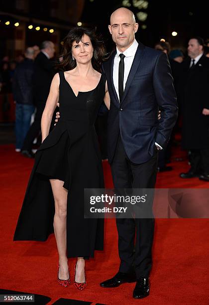 Mark Strong and Liza Marshall arrive for the World Premiere of "Grimsby" at Odeon Leicester Square on February 22, 2016 in London, England.