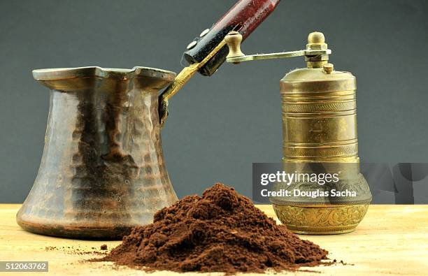 turkish style coffee pot, grinder and cofee - ジェズベ ストックフォトと画像