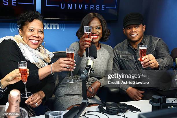 Heather B., Viola Davis and Sway Calloway pose during 'Sway in the Morning' with Sway Calloway on Eminem's Shade 45 at the SiriusXM Studios on...