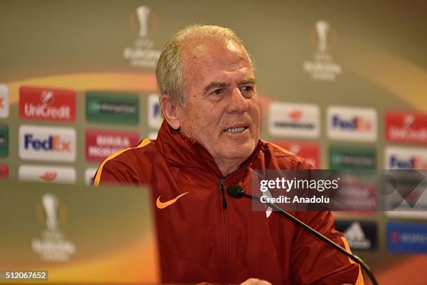 Galatasaray head coach Mustafa Denizli is seen during a media conference at Stadio Olimpico in Rome, Italy on February 24 ahead of the UEFA Europa...