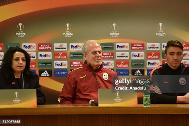 Galatasaray head coach Mustafa Denizli and goalkeeper Fernanondo Muslera attend a media conference at Stadio Olimpico in Rome, Italy on February 24...