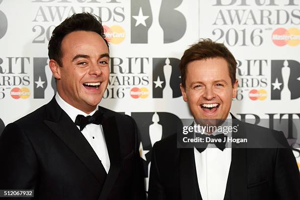 Ant & Dec attend the BRIT Awards 2016 at The O2 Arena on February 24, 2016 in London, England.