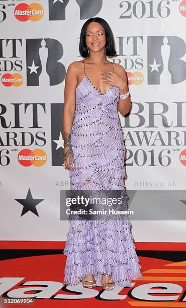 Rihanna attends the BRIT Awards 2016 at The O2 Arena on February 24, 2016 in London, England.