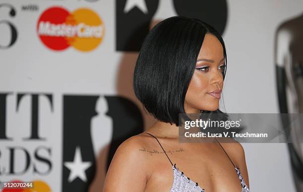 Rihanna attends the BRIT Awards 2016 at The O2 Arena on February 24, 2016 in London, England.