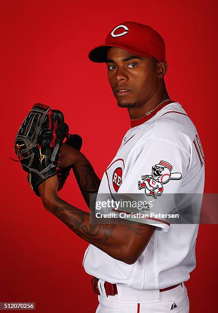 Pitcher Raisel Iglesias of the Cincinnati Reds poses for a portrait during spring training photo day at Goodyear Ballpark on February 24, 2016 in...