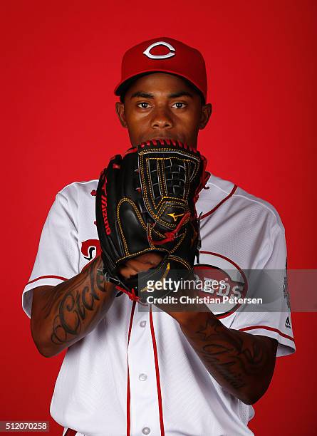 Pitcher Raisel Iglesias of the Cincinnati Reds poses for a portrait during spring training photo day at Goodyear Ballpark on February 24, 2016 in...