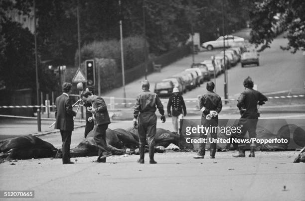 View of the aftermath of the Hyde Park bombing with dead horses from the Blues & Royals cavalry regiment lying on South Carriage Drive following the...