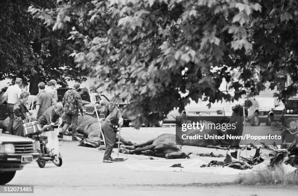 View of the aftermath of the Hyde Park bombing with dead horses from the Blues & Royals cavalry regiment lying in South Carriage Drive following the...