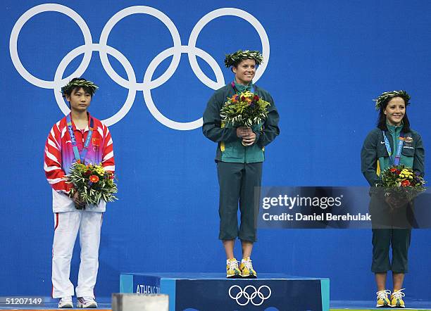 Lishi Lao of China , Chantelle Newbery of Australia and Loudy Tourky of Australia stand on the podium after the women's diving 10 metre platform...