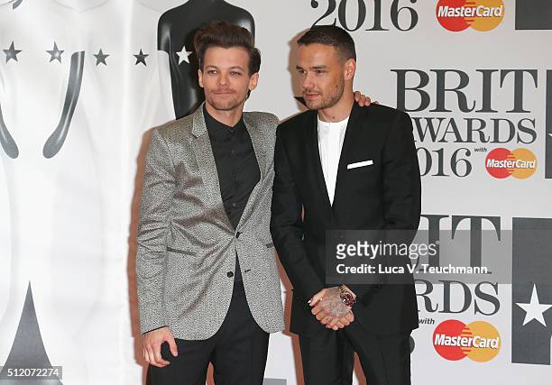 Louis Tomlinson and Liam Payne from One Direction attend the BRIT Awards 2016 at The O2 Arena on February 24, 2016 in London, England.