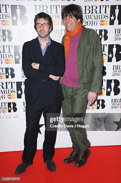 Graham Coxon and Alex James of Blur attend the BRIT Awards 2016 at The O2 Arena on February 24, 2016 in London, England.