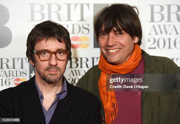 Graham Coxon and Alex James of Blur attend the BRIT Awards 2016 at The O2 Arena on February 24, 2016 in London, England.