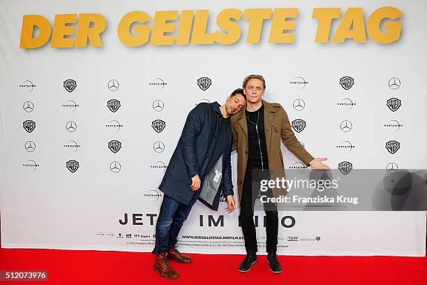 Florian David Fitz and Matthias Schweighoefer attend the 'Der geilste Tag' Premiere at Zoo Palast on February 24, 2016 in Berlin, Germany.