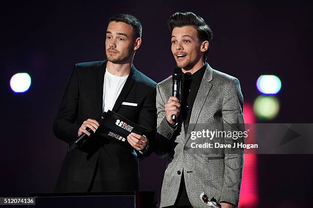 Liam Payne and Louis Tomlinson present an award for Best Female Solo Artist at the BRIT Awards 2016 at The O2 Arena on February 24, 2016 in London,...