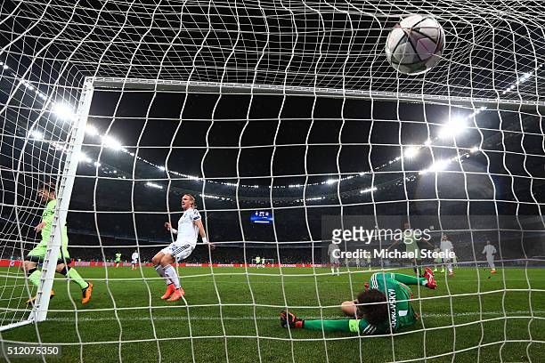 David Silva of Manchester City scores his team's second goal past goalkeeper Oleksandr Shovkovskiy of Dynamo Kiev during the UEFA Champions League...