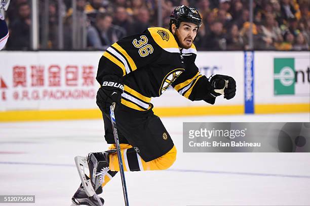 Zac Rinadlo of the Boston Bruins skates against the Columbus Blue Jackets at the TD Garden on February 22, 2016 in Boston, Massachusetts.