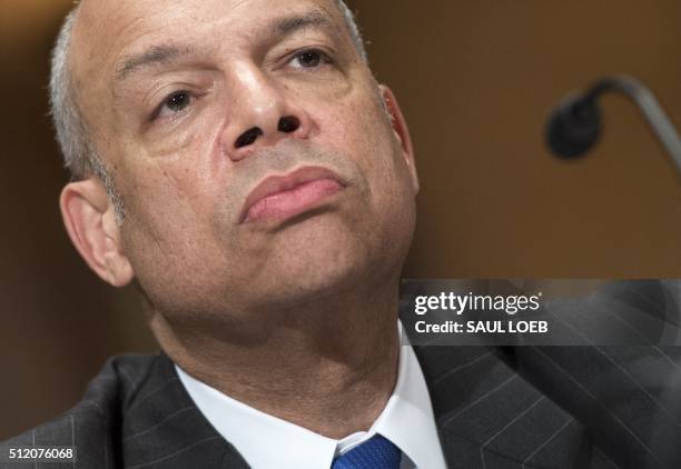 Secretary of Homeland Security Jeh Johnson testifies during a Senate Appropriations Subcommittee hearing about the Fiscal Year 2017 budget on Capitol...