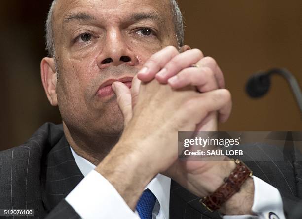 Secretary of Homeland Security Jeh Johnson testifies during a Senate Appropriations Subcommittee hearing about the Fiscal Year 2017 budget on Capitol...