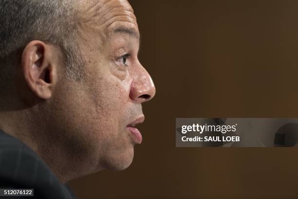 Secretary of Homeland Security Jeh Johnson testifies during a Senate Appropriations Subcommittee hearing about the Fiscal Year 2017 budget on Capitol...