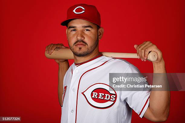 Eugenio Suarez of the Cincinnati Reds poses for a portrait during spring training photo day at Goodyear Ballpark on February 24, 2016 in Goodyear,...