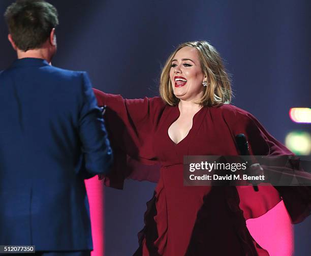 Adele accepts the British Single award for "Hello" from Simon Le Bon at the BRIT Awards 2016 at The O2 Arena on February 24, 2016 in London, England.