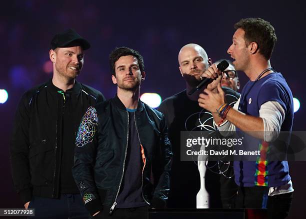 Chris Martin accepts the British Group award on behalf of Coldplay at the BRIT Awards 2016 at The O2 Arena on February 24, 2016 in London, England.