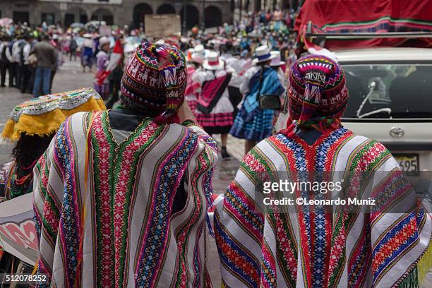 natives from celebration in carnival of cusco - quechua stock-fotos und bilder