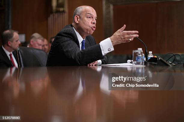 Homeland Security Secretary Jeh Johnson testifies before the Senate Budget Committee's Homeland Security Subcommittee about his department's FY2017...