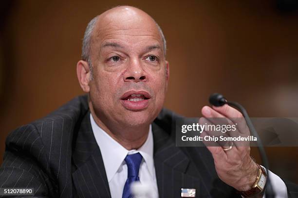 Homeland Security Secretary Jeh Johnson testifies before the Senate Budget Committee's Homeland Security Subcommittee about his department's FY2017...