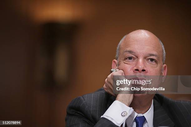 Homeland Security Secretary Jeh Johnson testifies before the Senate Budget Committee's Homeland Security Subcommittee about his department's FY2017...