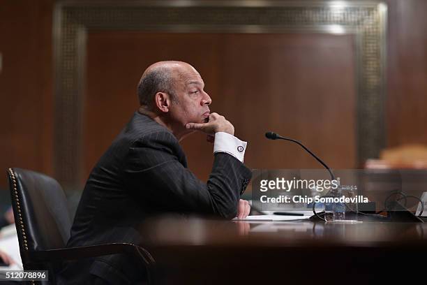 Homeland Security Secretary Jeh Johnson testifies before the Senate Budget Committee's Homeland Security Subcommittee about his department's FY2017...