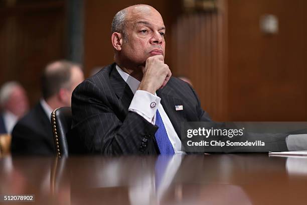 Homeland Security Secretary Jeh Johnson testifies before the Senate Budget Committee's Homeland Security Subcommittee about his department's FY2017...