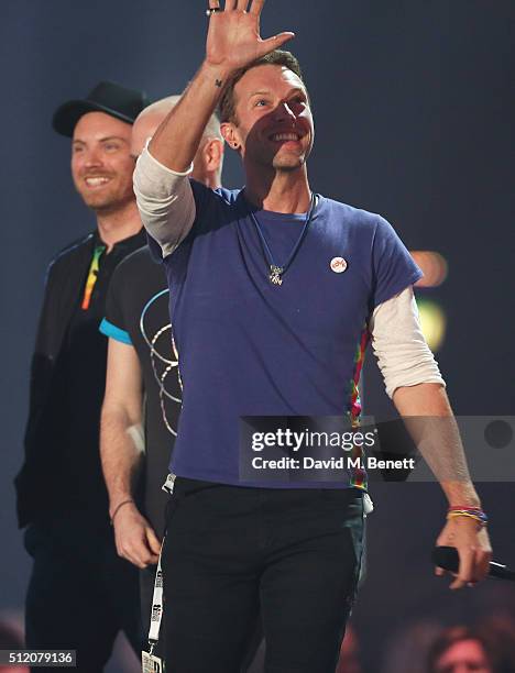 Chris Martin accepts the British Group award on behalf of Coldplay at the BRIT Awards 2016 at The O2 Arena on February 24, 2016 in London, England.