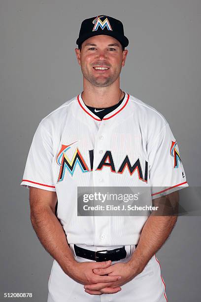 Cole Gillespie of the Miami Marlins poses during Photo Day on Wednesday, February 24, 2016 at Roger Dean Stadium in Jupiter, Florida.