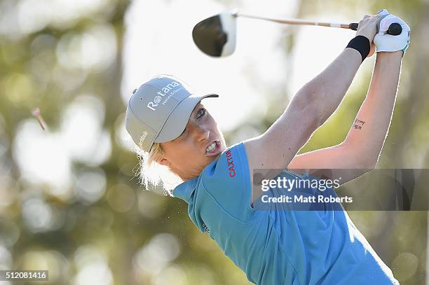 Melissa Reid of England hits her tee shot during day one of the RACV Ladies Masters at Royal Pines Resort on February 25, 2016 on the Gold Coast,...
