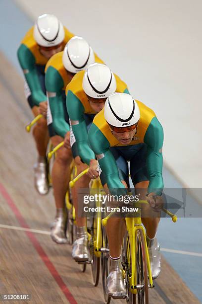 Graeme Brown, Brett Lancaster, Brad McGee, and Luke Roberts of Australia compete in the men's track cycling team pursuit final on August 23, 2004...