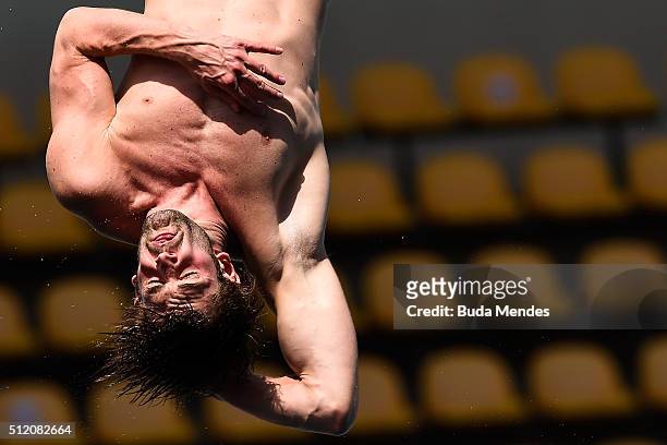 Maxim Bouchard of Canada competes in the men's 10m platform final as part of the 2016 FINA Diving World Cup at Maria Lenk Aquatics Centre on February...