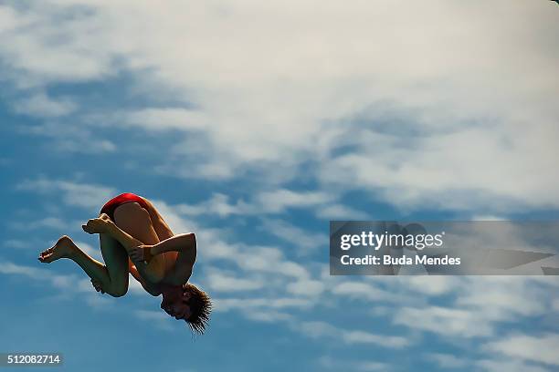 Maxim Bouchard of Canada competes in the men's 10m platform final as part of the 2016 FINA Diving World Cup at Maria Lenk Aquatics Centre on February...