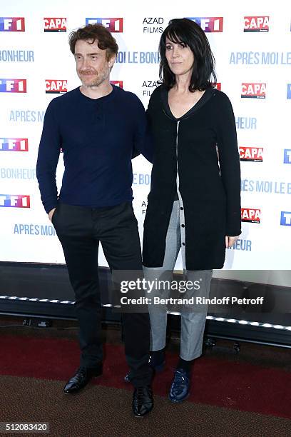 Actors Thierry Fremont and Zabou Breitman attend the "Apres Moi Le Bonheur" Paris Photocall at Cinema Gaumont Marignan on February 24, 2016 in Paris,...