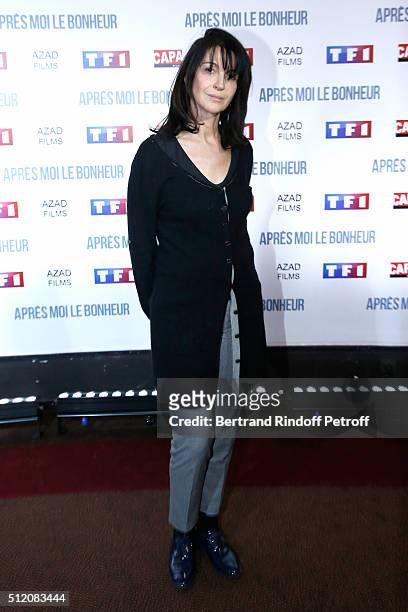 Actress Zabou Breitman, dressed in Avenue Montaigne, attends the "Apres Moi Le Bonheur" Paris Photocall at Cinema Gaumont Marignan on February 24,...