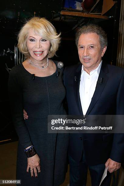 Actress Amanda Lear and Presenter of the Show Michel Drucker attend the 'Vivement Dimanche' French TV Show at Pavillon Gabriel on February 24, 2016...